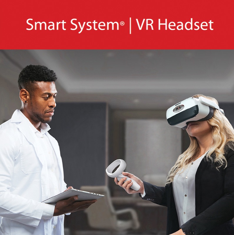 Technician administering visual field test with M&S VR Headset on patient